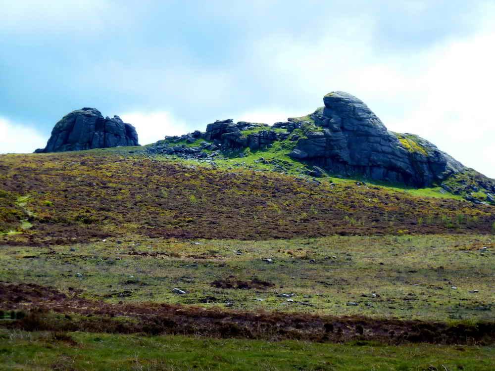 Side view of Haytor Rocks, with High Man (left) and Low Man (right)