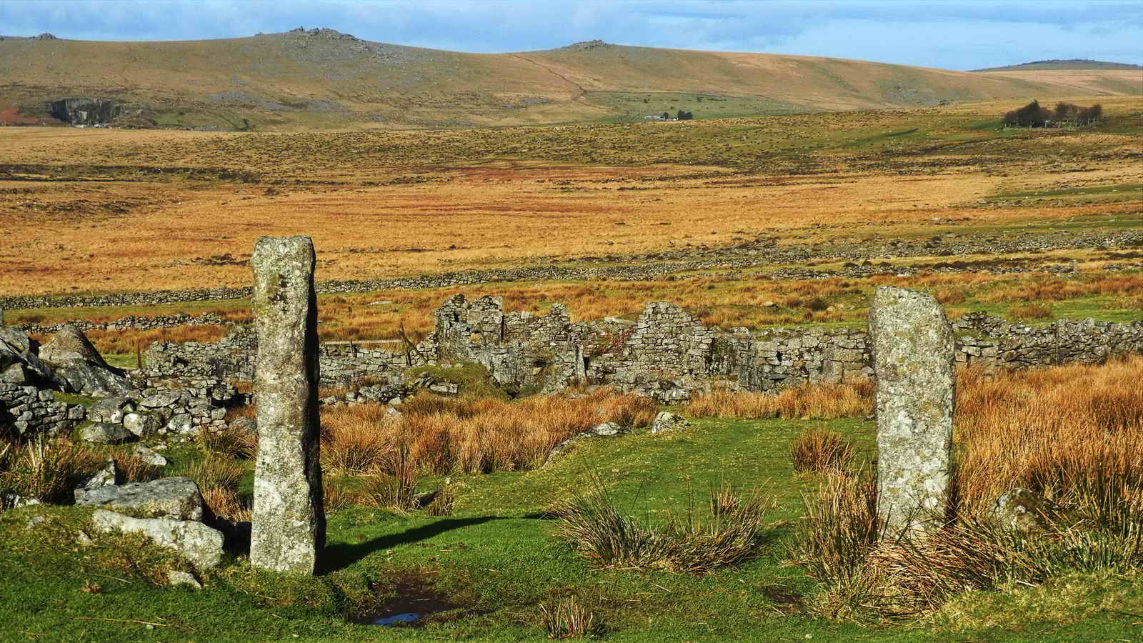 Hill Farm gate posts, with Middle Staple, Great Staple and Roose Tors in the distance