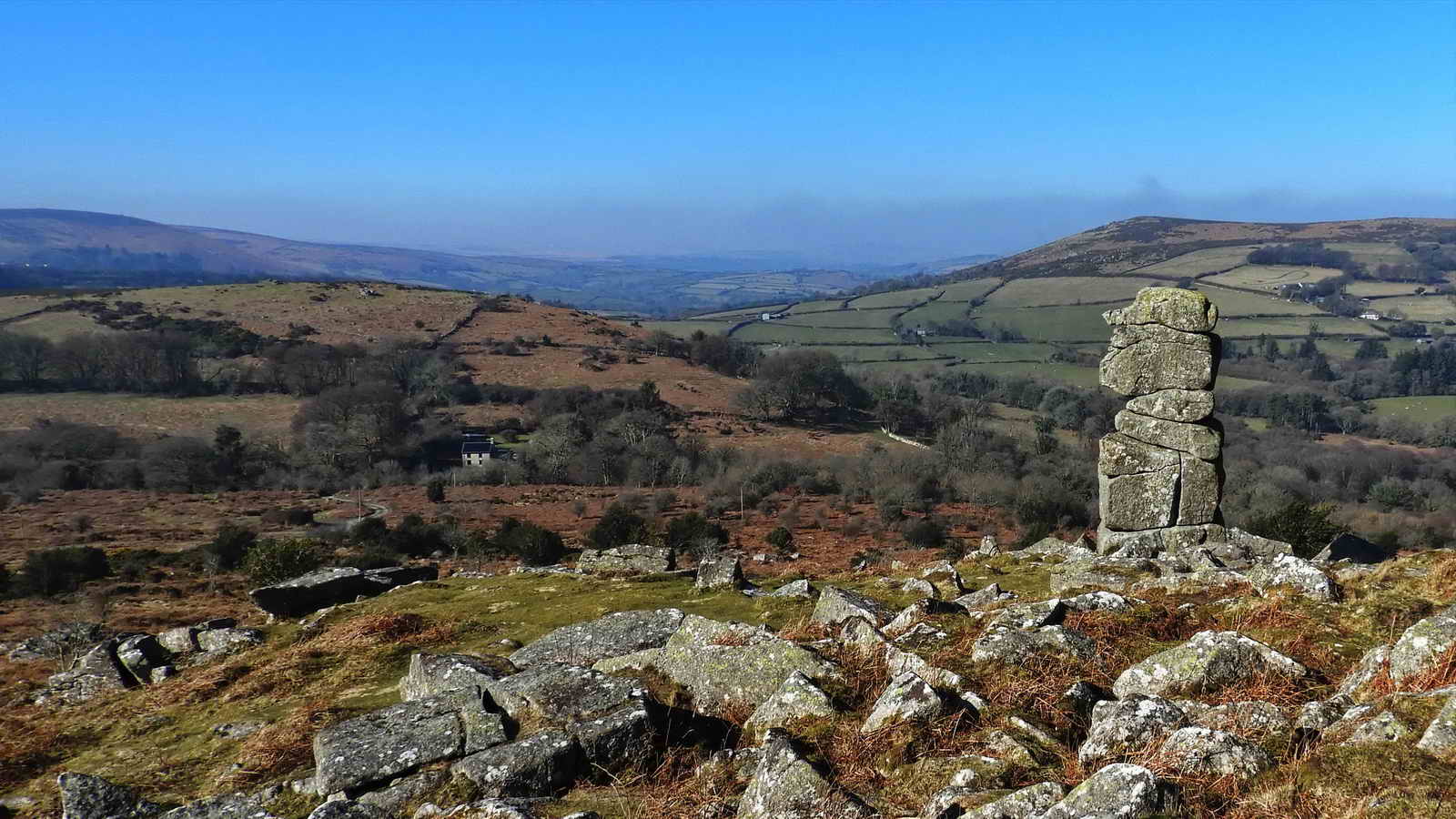 Bowerman surveying the lands to the north-west towards North Bovey, overlooking the farms of Barracott, Canna and Ford that feature in the story of Kitty Jay