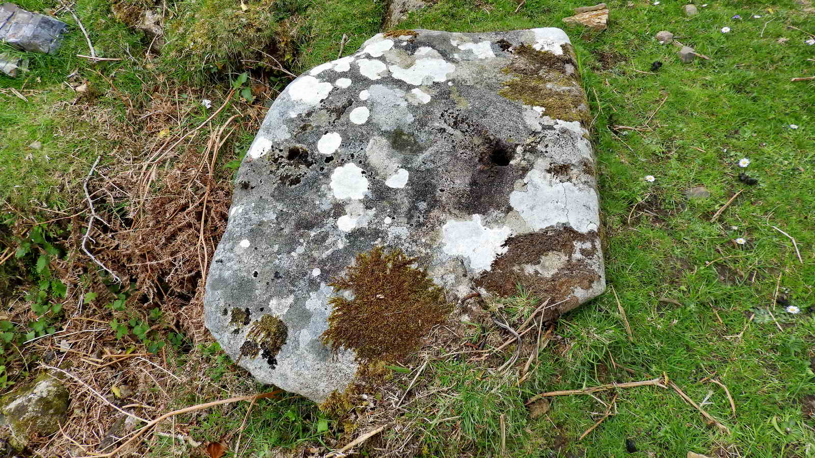 A flat stone by the wheelpit with two drilled holes. This may have been used to secure the wheel axle or flat rods