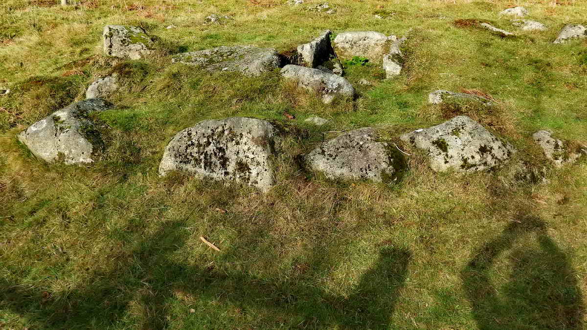 The Cross Gate cairn and its cist, at SX 5631 6953, are described by J. Butler (1994), Dartmoor Atlas of Antiquities III, The South West. 45.17 Leather Tor South cairn and cist, pages 51-52. This is described as a well-preserved cairn and cist, first recorded in 1935. The robbers’ trench came in from the south-east, displacing the end stone downhill where it is now partly covered by the capstone