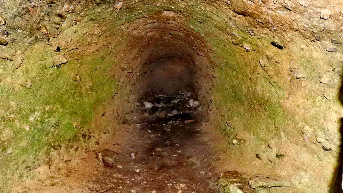 Flash photograph of the interior of the cave, about “35 feet deep” (Mike Brown (2001) Guide to Dartmoor, CD-ROM, Dartmoor Press, Grid Square 5710 7031)