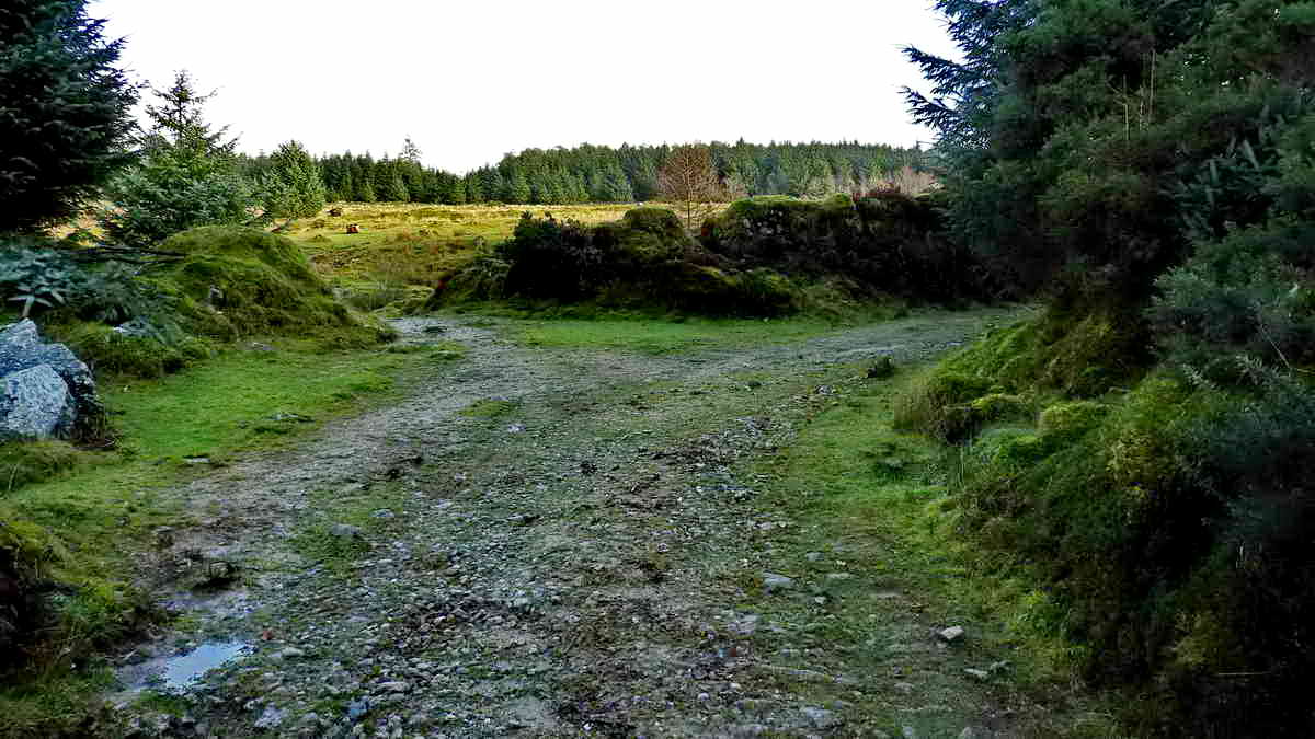 Walking up the track from beside the River Meavy, approaching the entrance into the Keaglesborough Mine area (ahead, to the left, before reaching Raddick Lane). The adit is down on the left (in the gert) after going through the entrance. The old access to the adit is blocked off with large boulders, seen in the extreme left of the photograph