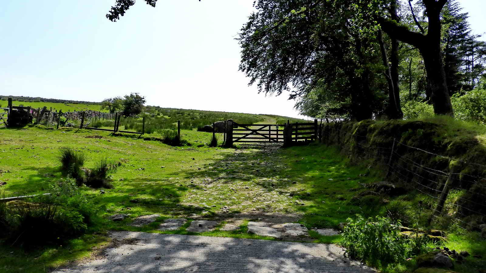 Looking ahead, the start of Conchie Road ascending Bull Park Hill. There is a plaque on the left gatepost