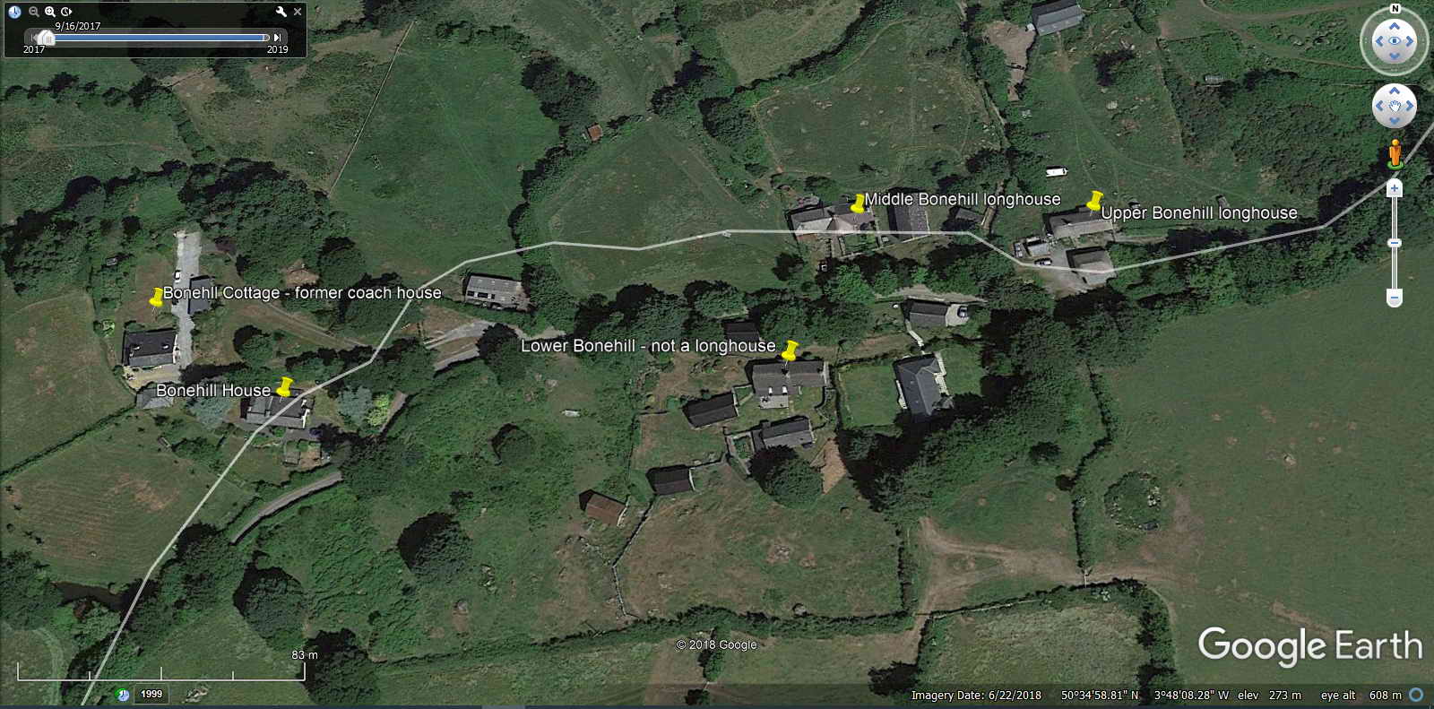 Google Earth image of Bonehill showing layout. Copyright Google 2018