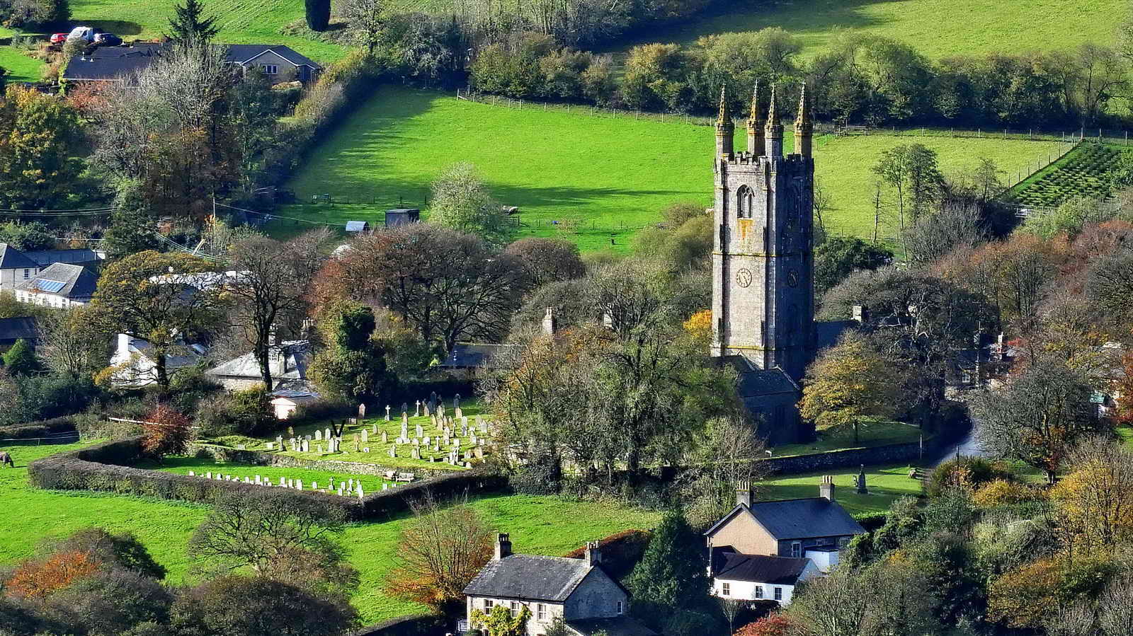 Longer view of Widecombe Church and Graveyard