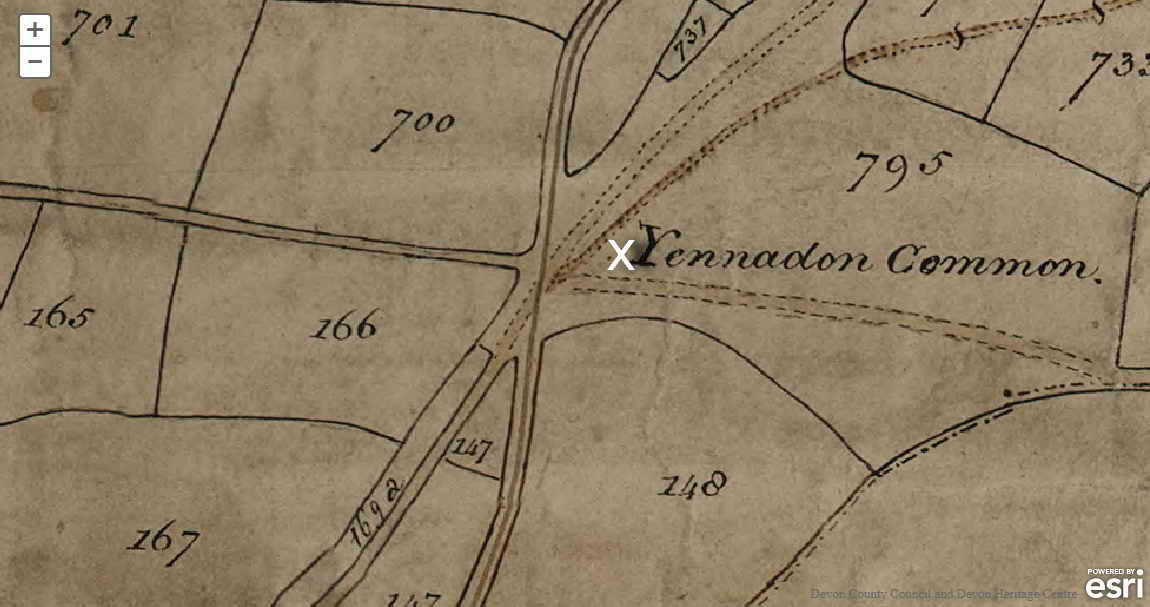 The 1823 tithe map showing the crossroads which then included a horse-drawn tramway running diagonally North-South across the modern day crossroads