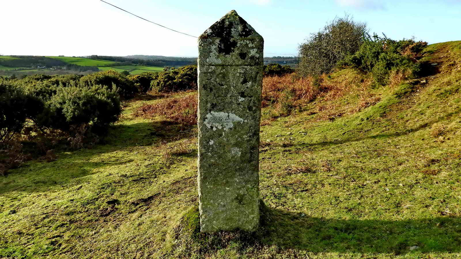 PCWW 1917 pillar at SX 54870 67751, the railway is just to the right of the pillar. This is  about 90 metres from the road. At this point, the walk left the railway track and climbed up the slope onto the Down