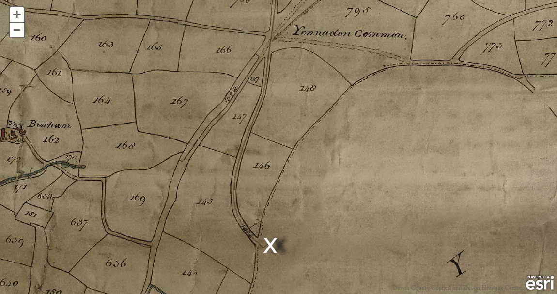 White X on the 1823 tithe map is this same location